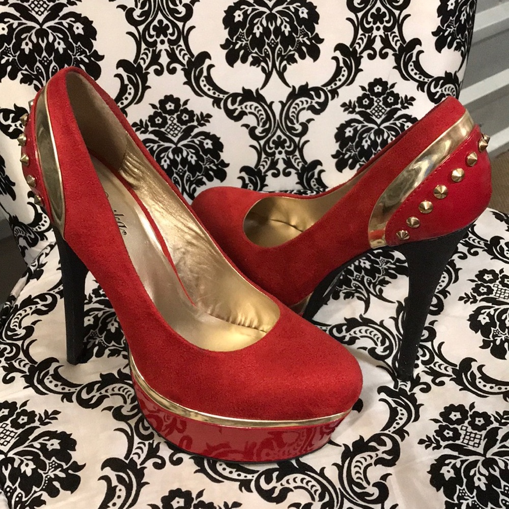New red velvet gold studded heels